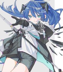  1girl arknights black_gloves black_shorts blue_hair gloves halo highres horns jacket long_hair looking_at_viewer mostima_(arknights) shirt shorts solo traditional_halo white_halo white_shirt yayoripain 