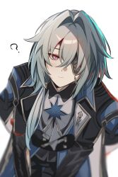  1boy ? anaxa_(honkai:_star_rail) black_jacket black_pants blue_hair blush closed_mouth collared_jacket collared_shirt commentary_request cowboy_shot dot_nose eyepatch f_a10 highres honkai:_star_rail honkai_(series) jacket lapels male_focus multicolored_eyes one_eye_covered pants parted_bangs ponytail shirt solo white_background wing_collar 