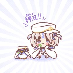  1girl :t animal banpen_(todoroki_hajime) bird blue_eyes blue_hair blue_jacket blush_stickers brown_hair cape chibi closed_mouth colored_shadow commentary_request crossed_arms flat_cap hat highres hololive hololive_dev_is jacket long_sleeves mitarashi_neko mouth_hold multicolored_hair penguin puffy_long_sleeves puffy_sleeves shadow shorts sideways_hat stalk_in_mouth streaked_hair sunburst sunburst_background sunglasses todoroki_hajime translation_request triangular_eyewear two_side_up virtual_youtuber white_cape white_hat white_shorts 