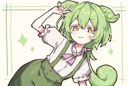  1girl :3 animal_ears arm_up blush closed_mouth commentary_request cowboy_shot double-parted_bangs edamame green_hair green_shorts hair_between_eyes highres long_hair looking_at_viewer low_ponytail nasubi_no_manjiu neck_ribbon pink_ribbon ponytail ribbon shirt short_sleeves shorts solo sparkle suspender_shorts suspenders voicevox w white_shirt yellow_eyes zundamon 