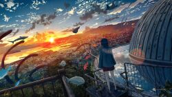  1girl absurdly_detailed_composition back banishment black_hair city cityscape clouds commentary_request gradient_sky highres long_hair mountain original pleated_skirt reflection reflective_liquid scales skirt sky solo sunset 