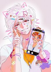  2boys animal_ears cellphone character_doll collared_shirt commentary doll drawn_ears drawn_whiskers fake_animal_ears fake_whiskers hair_between_eyes hair_ornament hairpin hand_on_another's_cheek hand_on_another's_face heart highres holding holding_phone ikari_shinji jewelry looking_at_viewer male_focus multiple_boys nagisa_kaworu necklace neon_genesis_evangelion phone pov pov_hands red_eyes ring shirt smartphone smile ssssenferda sticker teeth too_many_stickers undershirt untranslatable_commentary upper_body white_hair white_shirt 