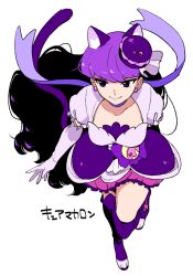  1girl animal_ears black_eyes boots cat_ears cat_tail character_name choker closed_mouth commentary_request cure_macaron earrings extra_ears food-themed_hair_ornament full_body gloves hair_ornament jewelry kirakira_precure_a_la_mode kumo_suzume long_hair macaron_hair_ornament magical_girl precure purple_boots purple_choker purple_hair purple_skirt purple_tail skirt smile solo standing tail white_background white_gloves 