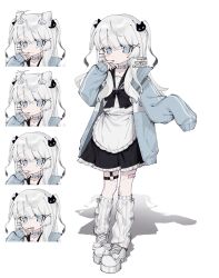  1girl apron bad_id bad_twitter_id bandaid bandaid_on_leg black_bow black_bowtie black_dress blue_choker blue_eyes blue_jacket bow bowtie choker closed_mouth dress expressionless full_body hair_ornament hairclip hand_to_own_mouth hand_up highres jacket kuro_yagi_(usosakana) long_hair long_sleeves looking_at_viewer loose_socks multiple_expressions o-ring o-ring_thigh_strap open_clothes open_jacket original parallel_hairclips shoes simple_background sleeves_past_fingers sleeves_past_wrists sneakers socks standing thigh_strap track_jacket two_side_up white_apron white_background white_shoes white_socks x_hair_ornament 