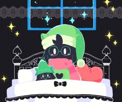  1boy animal_ears blush character_doll deltarune doll furry furry_male green_hat hat heart heart-shaped_pillow kae77p male_focus nightcap on_bed pillow pink_scarf ralsei ralsei_(hat) scarf solo stuffed_toy under_covers utdr_(toby_fox) white_eyes 