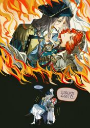  ... black_background blue_cape blue_hat blue_jacket blue_vest cape carrying carrying_person chinese_text epaulettes eye_contact face-to-face fire full_body grey_hair hat highres jacket jo_jun long_hair looking_at_another marsha_(reverse:1999) official_alternate_costume princess_carry profile red_hair reverse:1999 sentinel_(reverse:1999) speech_bubble spoken_ellipsis translation_request upper_body vest white_cape yuri 