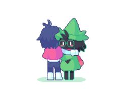  1boy 1other ^_^ androgynous animated animated_gif antenna_hair black_fur blue_hair blush_stickers body_fur boots cape closed_eyes deltarune dress facing_away furry furry_male glasses green-framed_eyewear green_dress green_hat hat heart hug kae77p knee_boots kris_(dark_world)_(deltarune) kris_(deltarune) looping_animation no_mouth pink_cape pink_scarf pixel_art ralsei ralsei_(hat) round_eyewear scarf short_hair simple_background solid_oval_eyes standing utdr_(toby_fox) white_background white_boots 
