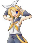 blonde_hair detached_sleeves kagamine_rin open_mouth short_hair solo vocaloid wink 