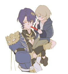  2boys arm_belt arm_up aventurine_(honkai:_star_rail) azsxstar black_shirt blonde_hair blue_coat blue_eyes blue_hair carrying carrying_person chewing child closed_mouth clothing_cutout coat collared_shirt cropped_torso dr._ratio_(honkai:_star_rail) fingerless_gloves food gloves highres holding holding_food honkai:_star_rail honkai_(series) hood hood_down hooded_jacket jacket kakavasha_(honkai:_star_rail) laurels long_sleeves male_focus multiple_boys open_clothes open_jacket parted_bangs parted_hair red_eyes shirt simple_background white_background wing_collar 