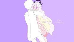  1boy 1girl before_and_after black_halo blue_archive commentary_request comparison crying crying_with_eyes_open demon_horns hair_between_eyes halo highres hina_(blue_archive) hina_(pajamas)_(blue_archive) horns hug jacket korean_commentary kyu-kurarin_(cevio) long_hair lyrics multiple_horns official_alternate_costume open_clothes open_jacket pajamas pink_pajamas production_art purple_background sensei_(blue_archive) short_hair tears tjsh99 violet_eyes white_hair yellow_jacket 