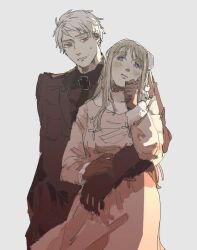  1boy 1girl axis_powers_hetalia black_gloves black_jacket black_necktie black_pants black_shirt blonde_hair blush breast_pocket breasts brown_gloves clenched_hand closed_mouth collared_shirt commentary_request cowboy_shot cross dress fur-trimmed_sleeves fur_collar fur_trim genderswap genderswap_(mtf) gloves hairband hand_on_own_face hand_up hetero hug hug_from_behind iron_cross jacket lapels lips long_hair long_sleeves looking_at_another medium_breasts military_jacket military_uniform necktie pants pink_dress pocket pom_pom_(clothes) prussia_(hetalia) red_eyes russia_(female)_(hetalia) russia_(hetalia) shirt short_hair sidelocks simple_background smile standing sweatdrop teeth violet_eyes white_background white_hair white_hairband zou_(bakibaki_zou) 