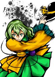  1girl 2016 black_hat botebuchu commentary_request cosplay english_text green_eyes green_hair green_skirt hat komeiji_koishi kung_lao kung_lao_(cosplay) mortal_kombat_(series) motion_blur outline simple_background skirt smile splatter touhou white_background 