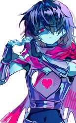  0916psy 1girl 1other absurdres androgynous armor black_bodysuit black_gloves black_hair blue_skin bodysuit cape closed_mouth colored_skin commentary cuirass deltarune fingerless_gloves gauntlets gloves hair_intakes hair_over_one_eye heart heart_hands highres kris_(dark_world)_(deltarune) kris_(deltarune) looking_at_viewer red_cape red_eyes shaded_face simple_background solo soul_(deltarune) untranslatable_commentary utdr_(toby_fox) white_background 