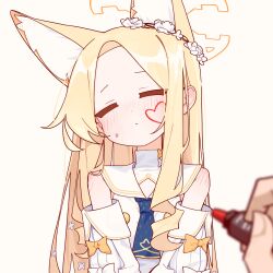  1girl 1other animal_ears blonde_hair blue_archive blush closed_eyes closed_mouth cross_halo detached_sleeves dot_nose drawing_on_another's_face dress ear_blush extra_ears flower fox_ears fox_girl hair_flower hair_ornament halo heart highres holding holding_marker korean_commentary lazy_guineapig long_hair marker necktie ribbon seia_(blue_archive) shoulder_blush simple_background sleeveless sleeveless_dress sweatdrop upper_body white_background white_dress yellow_halo yellow_ribbon 