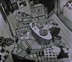  1girl blanket book calendar_(object) closed_eyes commentary cup fish_tank greyscale handheld_game_console highres indoors lava_lamp lying microwave monochrome mug nas_u on_side original plant potted_plant rug shelf sleeping slice_of_life socks table television tissue_box traditional_media trash_can untranslatable_commentary vase wooden_floor 