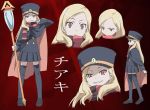  cape chiaki hat just_as_planned long_hair matoma red_eyes scarf shako_cap shigofumi thighhighs uneven_eyes 
