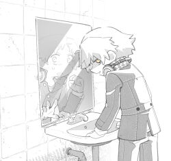  2boys different_reflection dual_persona greyscale hanamura_yousuke hand_on_mirror headphones headphones_around_neck indoors jacket kkyagdoyo164972 long_sleeves looking_at_viewer male_focus monochrome multiple_boys open_mouth pants persona persona_4 reflection school_uniform shadow_yousuke short_hair sink smile spot_color standing tile_wall tiles yasogami_school_uniform 