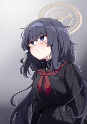  1girl absurdres alternate_costume arms_at_sides balenjeong black_hair black_serafuku blue_archive blush breasts closed_mouth commentary_request gradient_background hairband halo highres jewelry jitome korean_commentary long_hair long_sleeves looking_afar looking_ahead neckerchief necklace pendant purple_hairband red_neckerchief school_uniform serafuku simple_background solo sweatdrop ui_(blue_archive) undershirt upper_body variant_set very_long_hair violet_eyes yellow_halo 