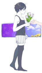  1boy 1other bilingual_commentary black_eyes black_hair black_shorts black_tank_top black_thighhighs collarbone colored_skin commentary english_commentary flower from_side full_body highres holding holding_flower male_focus mixed-language_commentary namake_moxon omori omori_(omori) short_hair shorts striped_clothes striped_shorts tank_top thigh-highs tulip two-tone_shorts vertical-striped_clothes vertical-striped_shorts white_flower white_shorts white_skin white_tulip 
