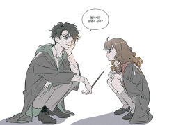  1boy 1girl ahoge alternate_universe animification black_eyes black_hair black_robe black_shoes black_socks blush brown_hair closed_mouth commentary_request crying crying_with_eyes_open curly_hair dress_shirt dress_shoes empty_eyes full_body green_eyes green_necktie green_robe grey_pants grey_skirt grey_socks gryffindor hand_on_own_cheek hand_on_own_face hands_on_own_knees harry_potter harry_potter_(series) head_tilt hermione_granger hogwarts_school_uniform holding holding_wand hood hood_down kneehighs kogo58 korean_commentary korean_text long_hair long_sleeves looking_at_another mary_janes medium_skirt necktie open_collar open_mouth pale_skin pants parted_hair pleated_skirt red_necktie red_robe robe round_eyewear sad scar scar_on_face scar_on_forehead school_uniform shirt shoes short_hair side_part simple_background skirt slytherin smile socks speech_bubble squatting talking tears translation_request two-sided_fabric two-sided_robe two-tone_robe wand white_background white_shirt wing_collar wizarding_world 
