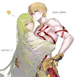  1boy 1other androgynous artist_collaboration blonde_hair body_markings earrings eden_jb000 enkidu_(fate) fate/grand_order fate_(series) fuwa_71 gauntlets gilgamesh_(fate) green_eyes green_hair highres hug jewelry long_hair looking_at_viewer necklace nipples one_eye_closed red_eyes robe short_hair simple_background smile tongue tongue_out topless_male upper_body white_background white_robe 