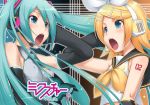  flat_chest ha-ru hand_on_headphones hatsune_miku headphones kagamine_rin singing twintails vocaloid 