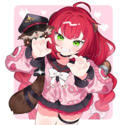  1girl ahoge black_sailor_collar blush border braid braided_twintails cardigan chest_bow claw_pose collarbone commentary_request cowboy_shot green_eyes grin hair_ornament hearing_aid heart highres kamanosuke_(zenless_zone_zero) long_hair looking_at_viewer pink_background pink_cardigan raccoon red_hair sailor_collar shichi_(ponpeex) smile sphere_hair_ornament tanuki thigh_strap ukinami_yuzuha white_border zenless_zone_zero 