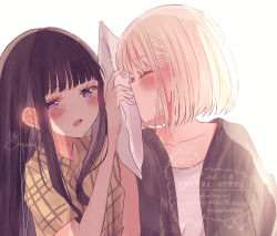  2girls arupaka5tuki black_hair blonde_hair blush brown_cardigan brown_shirt cardigan closed_eyes collarbone commentary_request holding holding_pillow inoue_takina long_hair lycoris_recoil multiple_girls nishikigi_chisato open_mouth pillow plaid_clothes plaid_shirt shirt short_hair simple_background violet_eyes white_background yuri 