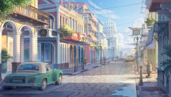  arch architecture awning building car chinese_commentary city clouds commentary_request day fire_hydrant flower game_cg hanxiaodan highres lamppost lovebrush_chronicles manhole_cover motor_vehicle no_humans official_art outdoors palm_tree pavement plant potted_plant power_lines puddle purple_flower railing road scenery sidewalk sign street sunlight tree vehicle_request 