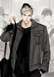  1boy bag black_shirt blonde_hair closed_eyes closed_mouth commentary_request faceless faceless_male haikyuu!! hand_in_pocket jacket korean_commentary male_focus mh_o_o9 miya_atsumu people shirt short_hair shoulder_bag solo_focus 