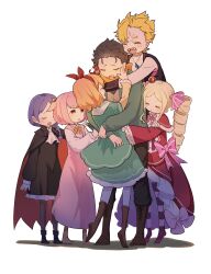  2boys 4girls aged_down beatrice_(re:zero) black_hair blonde_hair boots braid brown_hair cape capelet closed_eyes crown dress drill_hair fkglorzmlt53347 flam_remendis frilled_dress frills fur-trimmed_capelet fur_trim garfiel_tinsel group_hug hair_ribbon hairband highres hug jacket long_hair long_sleeves meili_portroute mini_crown multiple_boys multiple_girls natsuki_subaru open_mouth orange_hair pantyhose petra_leyte pink_dress pink_hair purple_hair re:zero_kara_hajimeru_isekai_seikatsu red_capelet red_eyes ribbon sharp_teeth short_hair simple_background striped_clothes striped_pantyhose teeth twin_drills white_background 
