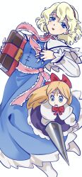  1girl absurdres alice_margatroid blonde_hair blue_dress blue_eyes book bow bowtie capelet doll dress english_commentary floating frills grimoire_of_alice hairband hands_up highres himuhino holding holding_book long_hair long_sleeves looking_at_viewer medium_hair parted_lips pike_(weapon) polearm red_bow red_bowtie red_hairband shanghai_doll smile socks solo touhou wavy_hair weapon white_capelet white_sleeves white_socks 