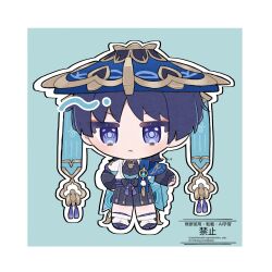  1boy amagi429114 amagi_o_o armor arms_at_sides belt black_belt black_bodysuit black_bow black_bridal_gauntlets black_hair black_sandals blue_cape blue_gem blue_hat blue_jingasa blue_kimono blue_sleeves blunt_ends bodysuit border bow bridal_gauntlets cape chibi chibi_only choppy_bangs feathers full_body gem genshin_impact gold gold_ring gold_trim half-closed_eyes hashtag-only_commentary hat highres japanese_armor japanese_clothes jingasa juban kimono kote kurokote layered_sleeves leg_warmers looking_at_viewer male_focus middle_ring open_clothes open_kimono outline outstretched_arm pom_pom_(clothes) purple_rope purple_sash rope sandals sash scaramouche_(genshin_impact) short_sleeves shoulder_peek side_cape solo tassel twitter_username violet_eyes vision_(genshin_impact) wanderer_(genshin_impact) watermark white_border white_kimono white_leg_warmers white_outline white_sleeves yellow_feathers zouri 