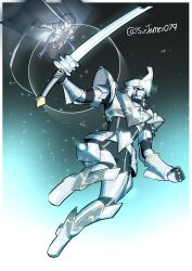 1boy absurdres armor black_hair border commission double-parted_bangs eiyuu_densetsu english_commentary english_text eye_trail garo_(tokusatsu_series) glowing glowing_eyes hair_between_eyes henshin highres holding holding_sword holding_weapon james_(sirjames079) light_trail looking_at_viewer male_focus purple_eyes rean_schwarzer sen_no_kiseki_(series) sen_no_kiseki_iii short_hair solo sword tachi_(weapon) twitter_username valimar weapon white_border