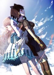  2girls :d adversarial_noise animal_ears arm_up armor back-to-back bare_legs belt bird_girl bird_wings black_dress blonde_hair blue_bow blue_dress blue_sky blush boots bow breastplate breasts brown_armor brown_belt brown_boots brown_gloves brown_hair chest_bow closed_mouth clouds cloudy_sky collarbone cosplay cowboy_shot day dress dutch_angle elbow_gloves feathered_wings filo_(tate_no_yuusha_no_nariagari) filo_(tate_no_yuusha_no_nariagari)_(cosplay) flat_chest floating_hair frilled_sleeves frills gloves hair_between_eyes hakurei_reimu hand_on_own_head highres kirisame_marisa leather_armor light_frown long_hair long_sleeves looking_at_viewer mashiromi_noah medium_breasts medium_hair messy_hair metal_arm_cuffs metal_hair_tubes metal_wrist_cuffs multiple_girls neck_ribbon open_mouth outdoors pauldrons pinstripe_dress pinstripe_pattern raccoon_ears raccoon_girl raphtalia raphtalia_(cosplay) red_dress red_eyes red_ribbon ribbon short_dress shoulder_armor sky sleeveless sleeveless_dress smile standing tate_no_yuusha_no_nariagari thigh_boots third-party_source touhou turtleneck turtleneck_dress two-tone_dress wavy_hair white_dress white_wings wings yellow_eyes zettai_ryouiki 