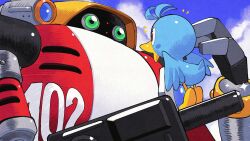  arm_cannon armor bird bird_on_hand blue_sky clouds commission e-102_gamma flicky_(character) green_eyes hand_up highres inkerton-kun mecha mecha_focus multicolored_armor non-humanoid_robot notice_lines red_armor robot second-party_source sky sonic_(series) sonic_adventure weapon white_armor 