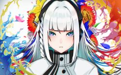  1girl absurdres braid commentary_request floral_background haru_(cevio) headphones highres kasoku_souchi long_hair looking_at_viewer side_braid straight_hair white_hair 