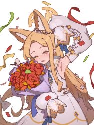  1girl animal_ear_fluff animal_ears arm_up bird blonde_hair blue_archive blue_necktie blush bouquet bow commentary confetti cowboy_shot detached_sleeves dress ear_wreath english_commentary extra_ears flower fox_ears hair_bow halo highres holding holding_bouquet long_hair long_sleeves necktie one_eye_closed parted_lips pink_eyes puffy_long_sleeves puffy_sleeves red_flower sailor_collar sailor_dress seia_(blue_archive) simple_background sleeve_bow sleeve_cuffs sleeveless sleeveless_dress sleeves_past_fingers sleeves_past_wrists smile solo standing tetra_shigure tit_(bird) very_long_hair white_background white_bow white_dress white_sailor_collar white_sleeves yellow_bow 