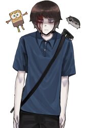  1boy adam_lanza animification arms_at_sides bags_under_eyes bare_arms black_pants blood blood_from_forehead blood_on_face blue_eyes blue_shirt brown_hair buttons closed_mouth collared_shirt cowboy_shot frown gun gun_on_back hamster highres hunched_over looking_at_viewer luciferr64 male_focus pale_skin pants polo_shirt real_life red_pupils shaded_face shirt short_hair short_sleeves simple_background solo spongebob_squarepants spongebob_squarepants_(series) standing straight-on swept_bangs true_crime tsurime weapon weapon_on_back white_background 