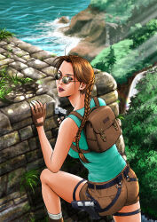  1girl aiming aiming_at_viewer braid brown_eyes brown_hair climbing gun h&amp;k_usp handgun highres holster jungle lara_croft looking_at_viewer nature ocean overgrown ruins solo sunglasses thigh_holster tomb_raider weapon yuuki_tsurumibashi 