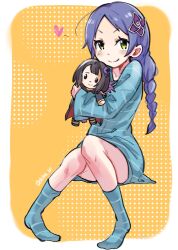  1girl blue_hair blue_socks blush braid character_doll closed_mouth commentary_request doll dress elsa_granhilte full_body green_eyes hair_ornament heart highres holding hugging_doll hugging_object long_hair long_sleeves looking_at_viewer meili_portroute purple_hair re:zero_kara_hajimeru_isekai_seikatsu shimashima_shima sitting smile socks solo striped_clothes striped_socks yellow_eyes 