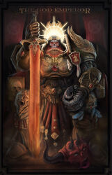  1boy armor black_hair bloodthirster chest_jewel commentary demon demon_horns emperor's_sword emperor_of_mankind english_commentary forehead_jewel gem glowing glowing_eyes glowing_halo glowing_sword glowing_weapon gold_armor halo highres holding holding_weapon horns imperial_aquila laurel_crown laurels long_hair long_tongue marker_wfy multiple_horns ornate ornate_armor ornate_weapon pauldrons power_armor red_eyes red_gem severed_head shoulder_armor skull solo tongue warhammer_40k weapon 