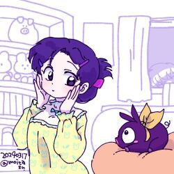  1boy 1girl blue_eyes blue_hair closed_mouth commentary_request dress eye_contact folded_ponytail hair_ornament hairclip hands_on_own_cheeks hands_on_own_face indoors looking_at_another lowres moitasu p-chan_(ranma_1/2) pig ranma_1/2 saotome_ranma smile tendou_akane yellow_dress 