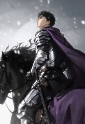  1boy absurdres animal armor black_horse cape chinese_commentary closed_mouth commentary_request foot_out_of_frame haikyuu!! highres horseback_riding looking_up male_focus medium_sideburns purple_cape riding scabbard sheath sheathed short_hair sideburns sil_baswaste sitting snowing solo sword ushijima_wakatoshi weapon 