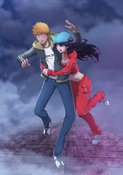  1boy 1girl absurdres arm_up bambietta_basterbine black_shoes bleach bleach:_sennen_kessen-hen blue_hat blue_pants blue_shoes blush clothes_writing commentary commission crop_top cropped_jacket english_commentary full_body grey_jacket hair_between_eyes hat hetero highres hood hood_down hoodie hug hug_from_behind jacket jewelry kurosaki_ichigo long_hair long_sleeves looking_at_another midriff navel necklace official_alternate_costume open_mouth orange_hair pants pocket print_jacket print_shirt purple_hair red_jacket red_pants shirt shoes sonzhondaya standing violet_eyes white_shirt zipper_pull_tab 