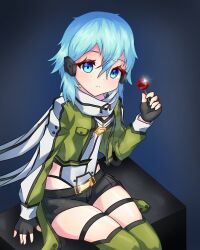 1girl arm_support artist_name belt black_background black_belt black_gloves black_jacket black_leotard black_scarf black_shorts blue_background blue_eyes blue_hair breasts candy commentary cowboy_shot cropped_jacket detached_pants double-parted_bangs english_commentary fingerless_gloves floating_scarf food frown glint gloves gradient_background green_jacket green_pants hair_between_eyes hair_ornament hairclip hand_up highleg highleg_leotard highres holding holding_candy holding_food holding_lollipop jacket kittnez leotard lollipop long_sleeves looking_at_viewer medium_hair multicolored_leotard open_clothes open_jacket pants scarf short_shorts shorts sinon sitting skindentation small_breasts solo sword_art_online thick_thighs thigh_strap thighs two-tone_leotard two-tone_scarf watermark white_jacket white_leotard white_scarf 