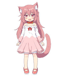  1girl :d animal_ear_fluff animal_ears bare_shoulders bloomers cat_ears cat_girl cat_tail collar commentary_request dress fang frilled_dress frills full_body highres long_hair long_sleeves looking_at_viewer mary_janes original pink_dress pink_shoes red_collar shoes simple_background smile solo tail thick_eyebrows two-tone_dress v-shaped_eyebrows white_background white_bloomers white_dress yukihira_natsuki 