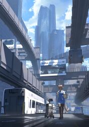  ahoge animal_ears black_pantyhose blue_sky building cat_ears cat_girl city cityscape clouds denchou full_body furry furry_female highres original pantyhose scenery science_fiction short_hair sky skyscraper train train_attendant travel_attendant 