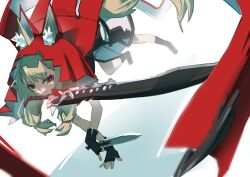  1girl absurdres animal_ear_fluff animal_ears arknights arknights:_endfield black_boots black_gloves blonde_hair boots brown_eyes cape commentary dagger dress ears_through_headwear fingerless_gloves foreshortening gloves highres holding holding_dagger holding_knife holding_weapon hood hood_up hooded_cape hrtk knife low-tied_sidelocks red_cape rossi_(arknights) sidelocks solo sword sword_in_mouth tail v-shaped_eyebrows weapon weapon_in_mouth white_background white_dress wolf_ears wolf_girl wolf_tail 