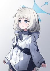  1girl absurdres balenjeong blue_archive blue_halo clenched_hands commentary_request crying crying_with_eyes_open furrowed_brow gradient_background grey_background grey_eyes halo highres jacket korean_commentary long_sleeves looking_afar looking_ahead maia_(blue_archive) parted_lips sad simple_background solo streaming_tears tears trembling turtleneck two-tone_background upper_body wavy_eyes wavy_mouth white_background white_hair white_jacket 